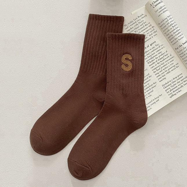 Women's Embroidered S-letter Cotton Sweat-absorbent Autumn And Winter Socks