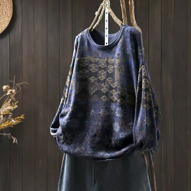 Women's Vintage Printed Cotton Knitted Sweater Round Neck