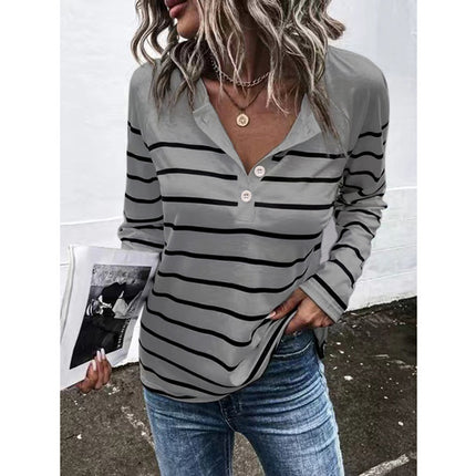 Striped Round Neck Button Casual Loose Long Sleeve