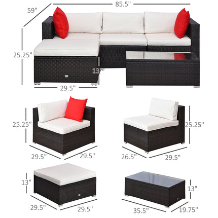 5-Stuk Patio Meubelstel met Kussings, Buitenste PE Rotting Wicker Bankstel, Seksionele Meubels met Kille, Glas Koffietafel vir Tuin, Agterplaas, Bruin/Roomwit