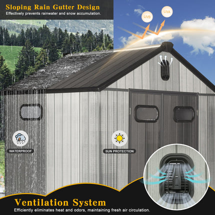 8x6VT Harpuis Buite Stoorhuis Met Sluitbare Deur, Waterdigte Buite Stoorhuise Met Vensters & Ventilasie, Swaar-Diens Plastiek Gereedskap Stoorhuis Vir Patio Meubels, Grassnyer, Fiets