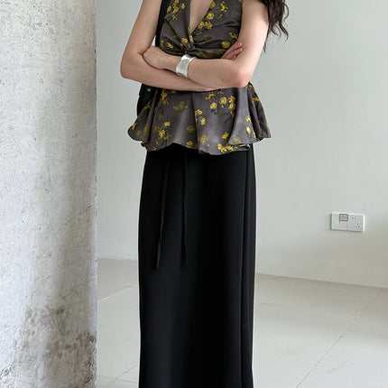 French Romantic V-neck Floral Halter Waist-controlled Top