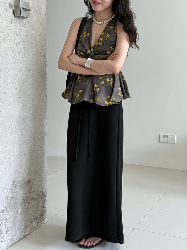 French Romantic V-neck Floral Halter Waist-controlled Top