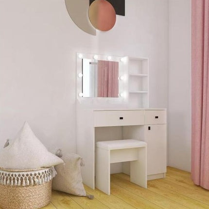Kaptafel Met Ligte, Kaptafelstel Met Spieël, Grimeerkaptafel Met Groot Laaie Drievlak-Opbergkas, Kaptafels Met 3 Ligte Helderheidsverstelbaar Vir Slaapkamer, Wit