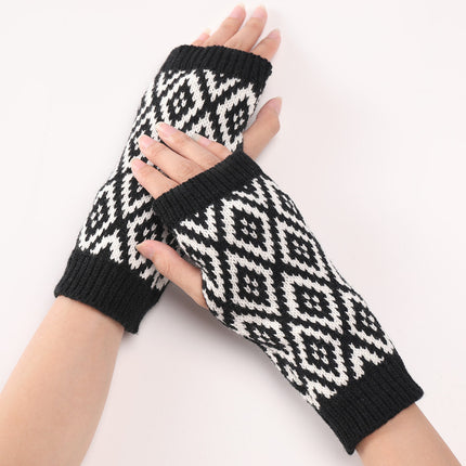 Colorblock Diamond Fingerless Wool Cycling Gloves