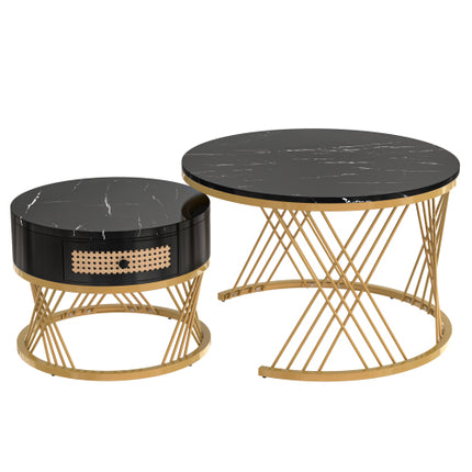 2-in-1 Ronde Koffietafel Gemaak Van MDF Met Marmergraan-Fineerblad, Rottanglaaie En Soliede Houthandvatsels. Goudkleurige Ysterpote. 70x70x45.5 50x50x38.5cm