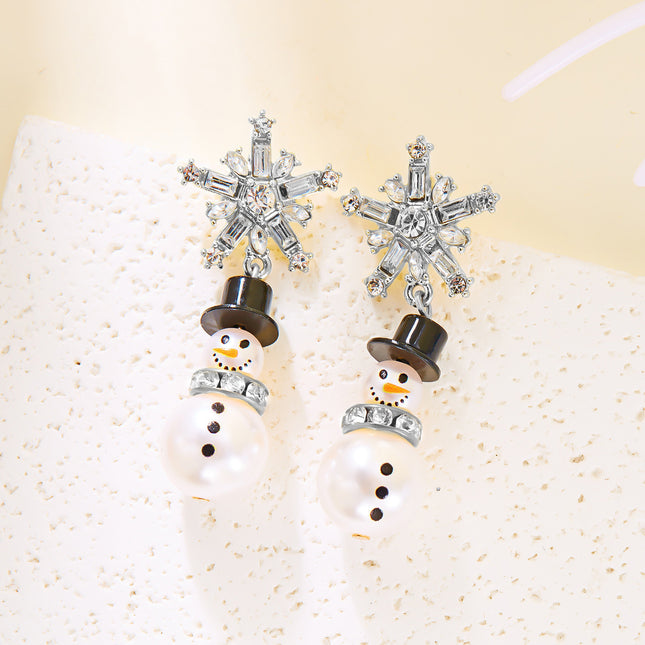 Christmas Cross-border Diamond Snowflake Pearl Hat Snowman Earrings