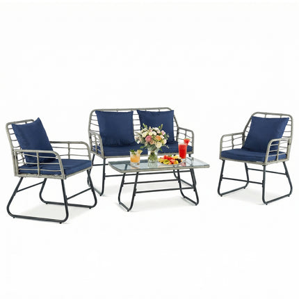 Buite Vierstuk-Tuinmeubelstel, Rattan Tuinstel, Toegerus Met Dik Tussentrekstruktuur Kussings, Diepsit-Alleweer Rattan Sofa