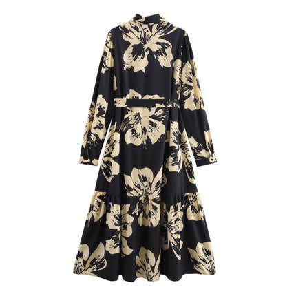 Long Sleeve Printed Temperament Waist-controlled Breasted Shirt Dress