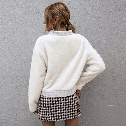 Button Down Lapel Pocket Blouse Woolen Jacket For Lady