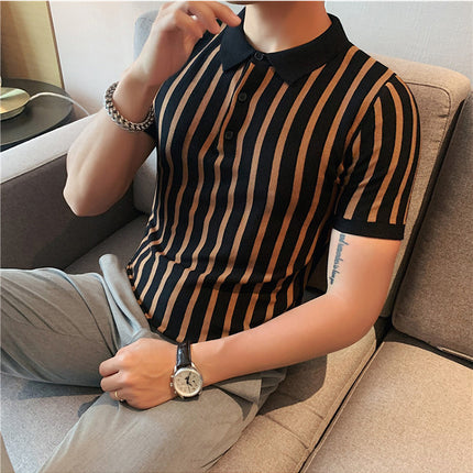 Men's Fashion Wide Striped Short-sleeved Polo Shirt