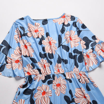 Fashion Women's Sexy Print Dress With Short Sleeves V-neck