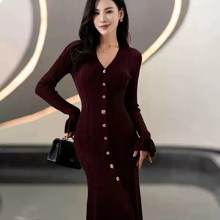 V-neck Single Breasted Bell Sleeve Slim Fit Dress