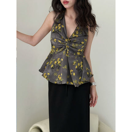 French Romantic V-neck Floral Halter Waist-controlled Top