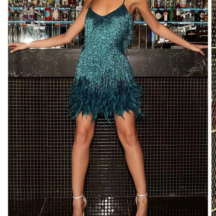 V-neck Strap Feather Stitching Dress