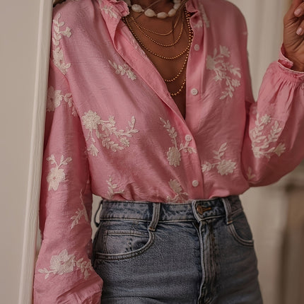 Long Sleeve Printed Top Lapel Lantern Sleeve Shirt