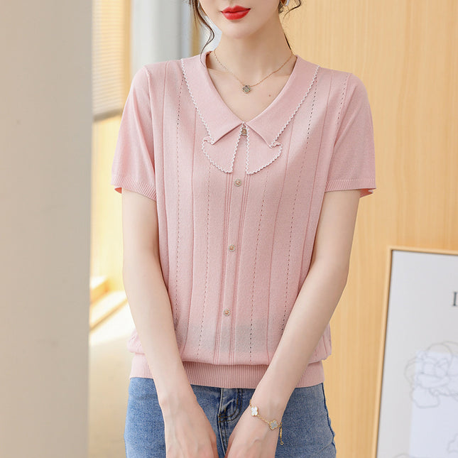 Doll Collar Carven Design Breasted Short-sleeved Sweater Top