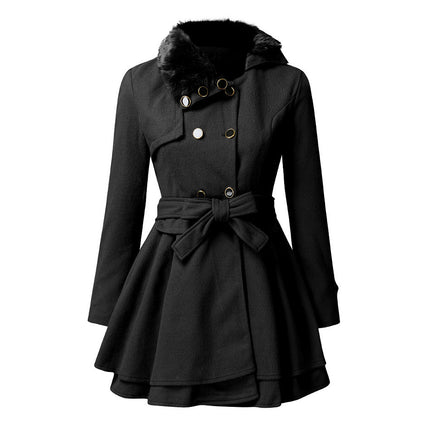 Women's Fur Collar Coat Double-breasted Trench Coat With Large Skirt