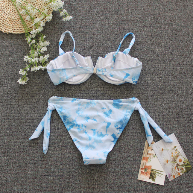 Tie-dyed Bikini Split Swimsuit Tied V-neck Underwire Swimsuit