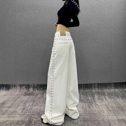 American-style Plus Size Handsome Beaded White Jeans