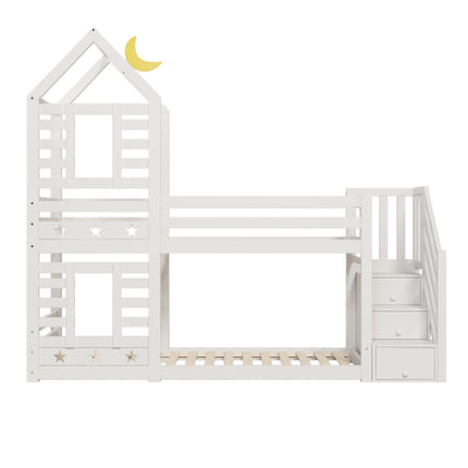 Stapelbedberging Kinderkajuitbed Enkelbed Met Venster Vir Kinders, Dubbelslaper 190x90 Cm, Soliede Dennehout, 3VT - Wit