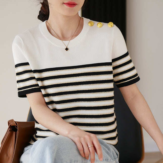 Knitted Short-sleeved Loose Striped T-shirt