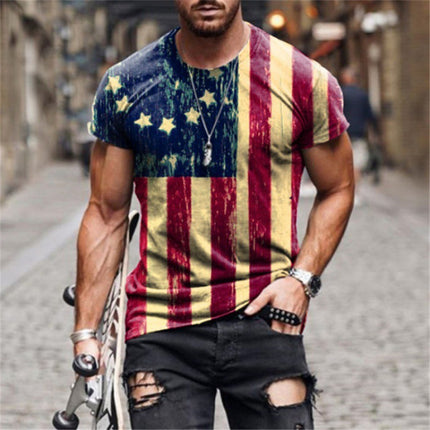 Star Flag Print Retro Round Neck Pullover Short Sleeves
