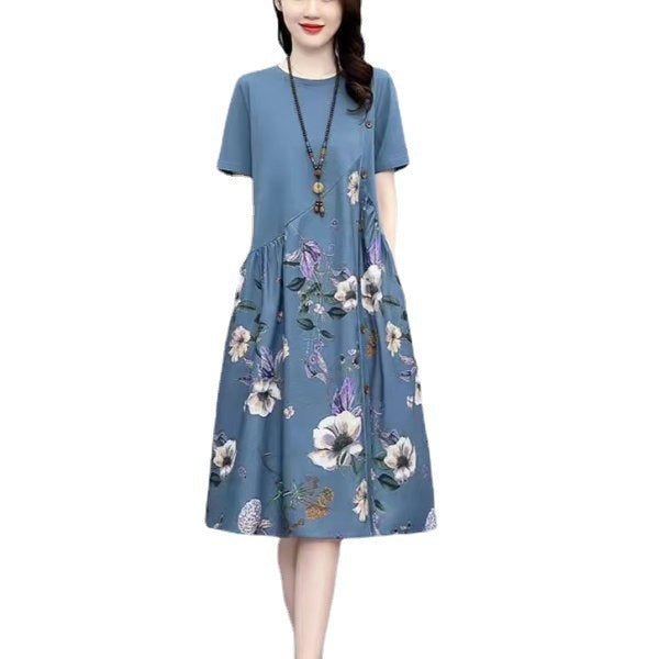 Retro Printed Fat Slim Fit Slimming Loose Casual Patchwork Dress