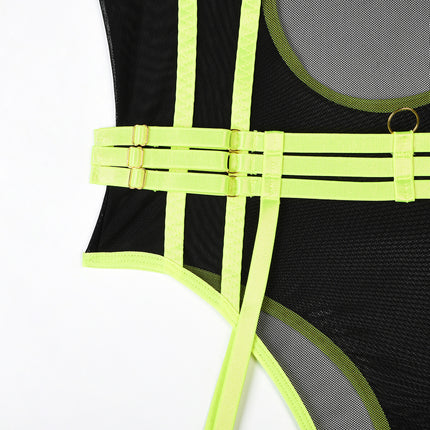 High Elastic Mesh Tight Contrast Color Jumpsuit