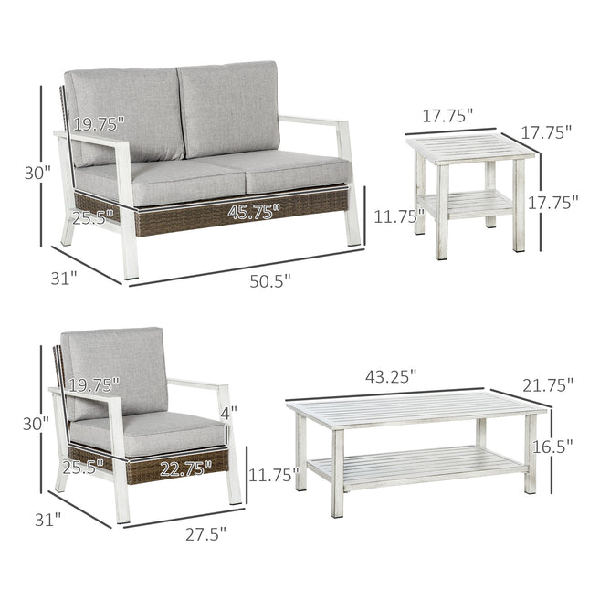 Aluminium Patio Meubelstel, 5 Stuk Moderne Buiteluggesprekstel met Tweesitplekbank, Stoele, Kussings, Koffietafel en Sytafel, Grys