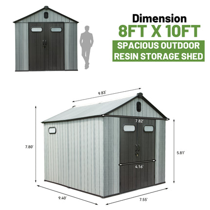 8X10FT Buiteharsbergingskuur, Waterdigte Plastiektuinwerktuigskuur Met Toesluitbare Deur, Vensters & Ventilasies, Buitegereedskapskuurtjie Vir Patiomeubels, Grassnyer, Fiets