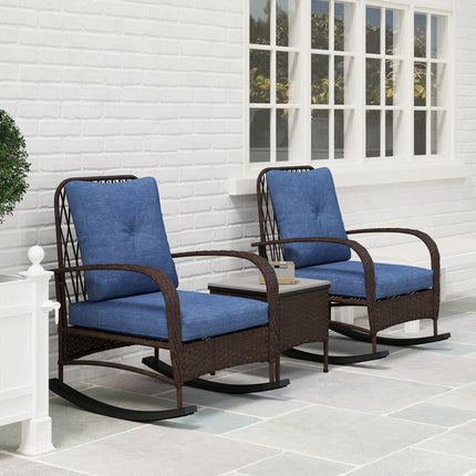 3 Piece Wicker Patio Furniture Set, Outdoor PE Rattan Rocking Chairs with Coffee Table, Cushions for Porch, Brown