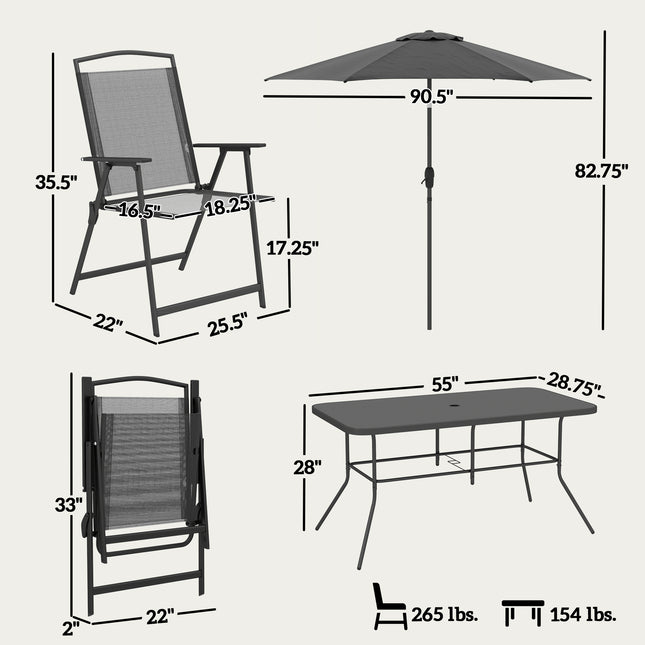 8 Stuk Buiten Eetstel, Patio Meubelstel met Sambreel, 6 Opvoubare Stoele, Reghoekige Tafel en Maassitplek, Swart