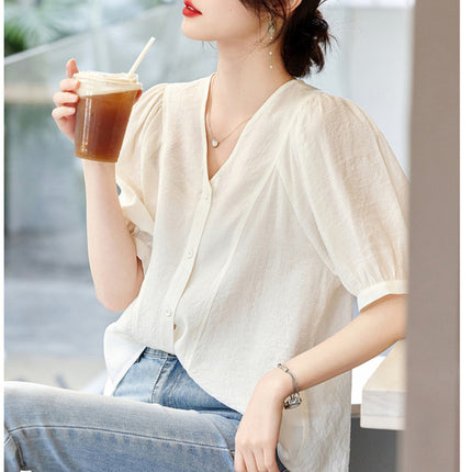 Retro French V-neck Short Sleeve Shirt