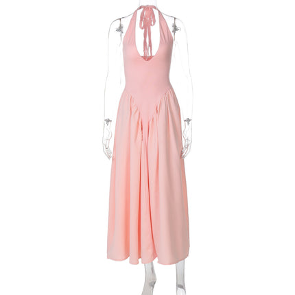 Hot New Sexy Solid Color Deep V Neck Hollow Out Halter Elegant Flared Hem Dress For Women