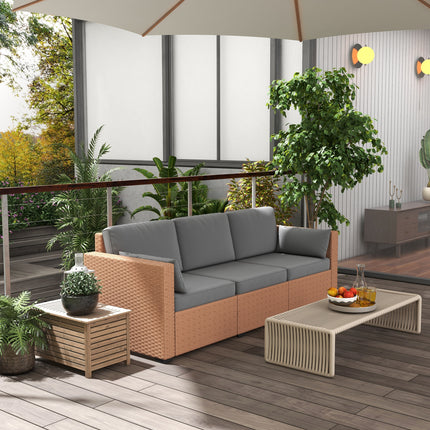 Patiobank PE Rotting Diep Seating Buitelugbank met Verwyderbare Kussings, 3-Sitter Rottingbank, Buitelugmeubels vir Balkon, Dek, Tuin en Swembad, Sand
