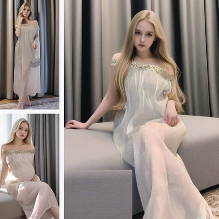 French Style Off-shoulder Sequined Tube Top Dress Lazy Vacation Style Seaside Pregnant Women Can Also Wear