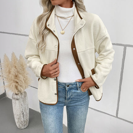 European And American Contrast Color Polar Fleece Cardigan Women's Fleece Short Stand-up Collar Casual Jacket