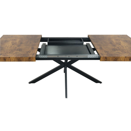 Retro Reghoekige Rek Eettafel, Antieke Houtblad En Swart Reliëfplaat, Swart Fyn Sand Kruisysterbasis Eettafel, Met Bergingsboks