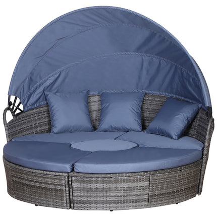 Outdoor PE Rattan Garden Furniture With Cushioned, Patio Wicker Conversation Furniture Set, Round Daybed With Retractable Canopy, Coffee Table And Three Pillows, Grey Blue Grey