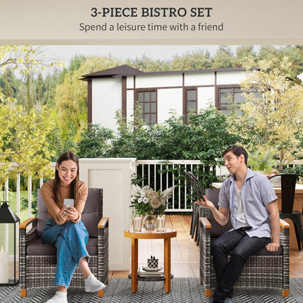 Buitelug Bistro Stel Rattan Stoepmeubels Met Kussings Vir Stoepe, Agterplaas, Tuin, Grys