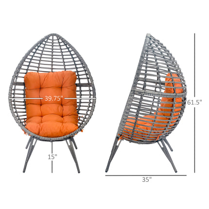 Patio Rattan Eierstoel m/ Sagte Kussing, Traandruppel-Knusselsitplek, Buite-/Binne-Patio Stoel, PE Plastiek Rattan Meubels met Verstelbare Hoogte Voetkussings, Oranje