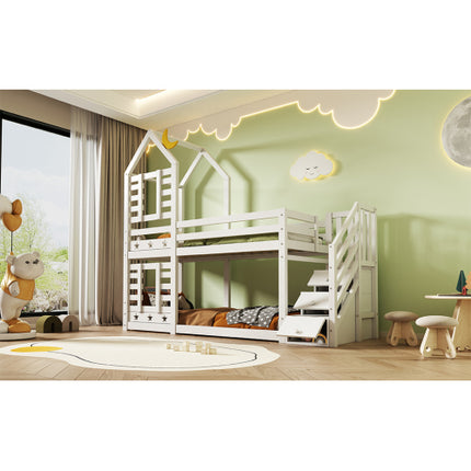 Stapelbedberging Kinderkajuitbed Enkelbed Met Venster Vir Kinders, Dubbelslaper 190x90 Cm, Soliede Dennehout, 3VT - Wit
