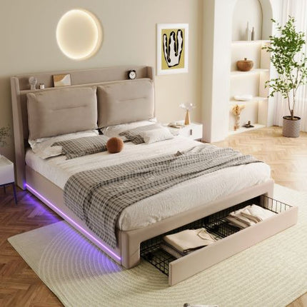 Gestoffeerde Bed, 135x190 4vt6, Dubbelbed, Hidrouliese Bed, 2-in-1 Berglêers Aan Die Voet Van Die Bed, Ingeboude LED-Ligstroke Aan Beide Kante Van Die Bed, Lattebodem, Fluweel, Beige