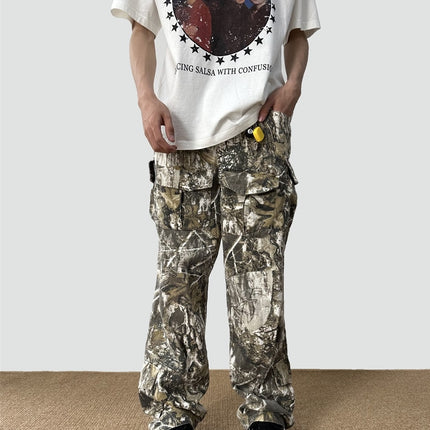 Loose Straight Tree Worn Looking Washed-out Camouflage Printed Overalls