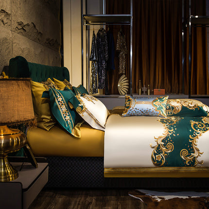 Luukse Villa Europese-styl Vierstuk Beddegoedstel Hoë-end Elegante Satyn Geborduurde Bedlaken Sprei Vier 60-stuk Stel