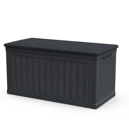 230 Gallon Groot Buitenberging XXL Dekkas Vir Patio Meubels, Buitekussings, TuinGereedskap En Sport-/Swembadtoerusting, Waterdigte Hars, Sluitbaar, Swart