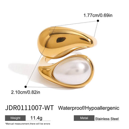 Veelsydige Modieuse Waterdruppel-Ingelegde Pêrel Vlekvrye Staal Oop Ring