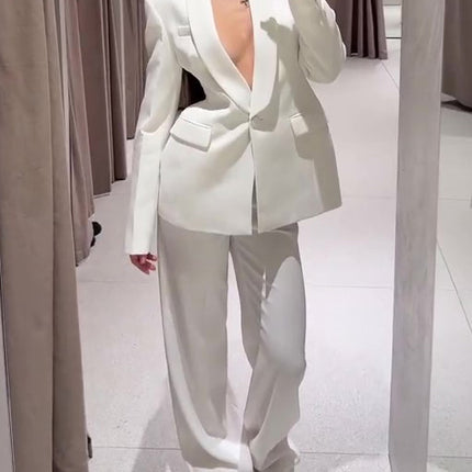 Solid Color Lapel Suit Jacket & High Waist Pants Set