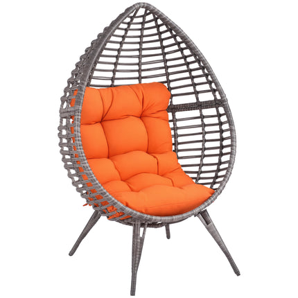 Patio Rattan Eierstoel m/ Sagte Kussing, Traandruppel-Knusselsitplek, Buite-/Binne-Patio Stoel, PE Plastiek Rattan Meubels met Verstelbare Hoogte Voetkussings, Oranje